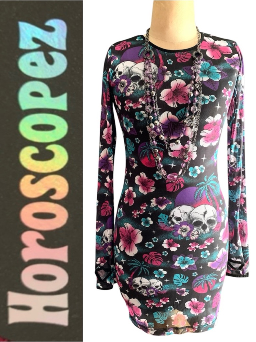 NWT HoroScopez “Tropical Truth Teller” Skull/Floral Print Bodycon Mini Dress